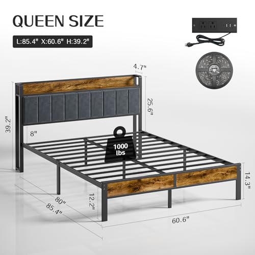 Queen Bed Frame with Headboard, Queen Size Metal Platform Bed with Smart LED Lights and USB Charging Station, Easy Assembly, No Box Spring Needed