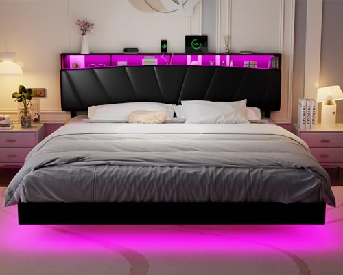 DYHOME Floating Bed Frame King Size with Headboard Storage, King Bed Frame with Charging Station & LED Lights, PU Leather Upholstered Platform Bed Frame, No Box Spring Needed, Easy Assembly, Black