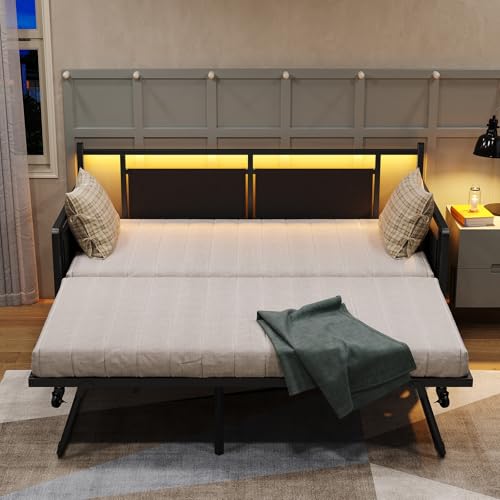 Furniouse Daybed with Charging Station and LED Lights, Twin Daybed with Trundle, Metal Sofa Bed Frame with Steel Slat Support for Living Room, Bedroom, Guest Room Black