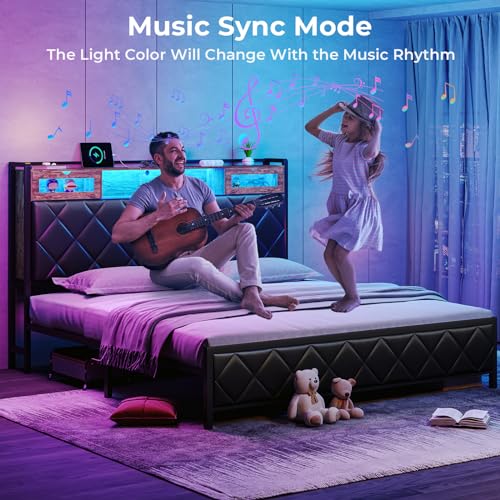 DICTAC King Size Metal Bed Frame with Headboard and Charging Station, King Platform Bed Frame with Led Lights and Storage, Heavy Duty Metal Slats, No Box Spring Needed, Noise Free, Easy Assembly,Black