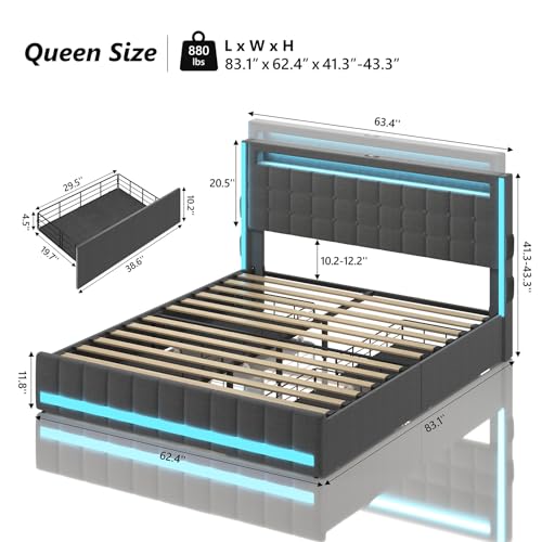 CSZZD Queen Bed Frame with 4 Storage Drawers & LED Lights, Light up Upholstered Platform Bed Frame Queen Size with Charging Station & Adjustable Headboard, No Noise, No Box Spring Needed, Dark Grey