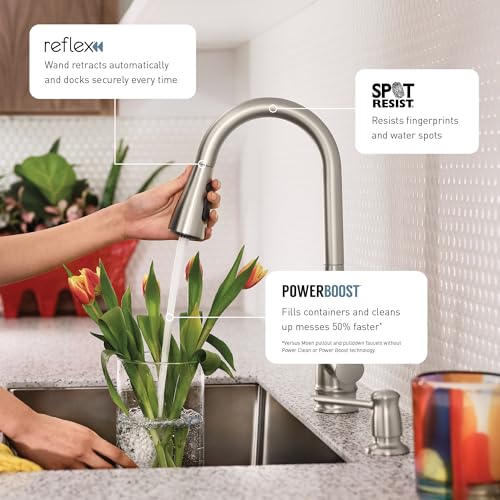 Moen Sleek Spot Resist Stainless One-Handle Smart Touchless Kitchen Faucet Pull Down Sprayer, Voice Control, and Power Boost, 7864EVSRS