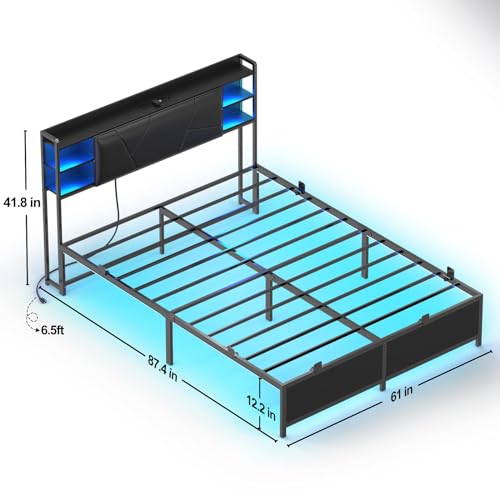 Unikito Queen Size Bed Frame with Smart LED Lights and Power Outlet, Stable Platform Bed with Upholstered Storage Headboard, Solid Metal Slats, Noise Free, No Box Spring Needed, Easy Assembly, Black