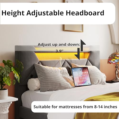 ANCTOR Full Bed Frame with Storage Headboard and Charging Station, LED Lights Upholstered Platform Bed, Heavy Duty Steel Support Legs, Easy Assembly, Noise Free, Grey