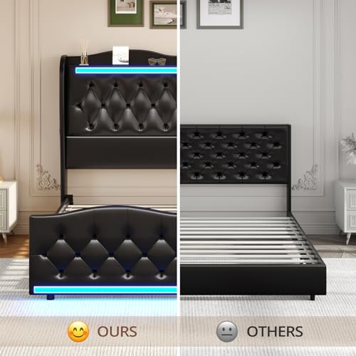 BTHFST King Size Bed Frame Tall Headboard with LED Lights & Charging Station, Upholstered Wing Headboard & Footboard, Heavy Duty Wooden Slats, No Box Spring Needed, Easy Assembly (Black, King)
