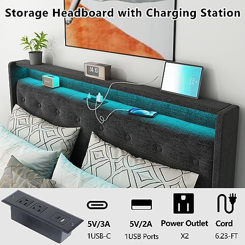 Loomie Queen Lift Up Bed Frame with Charging Station & LED Lights, Upholstered Bed with Button Tufted Wingback Storage Headboard, Hydraulic Storage, No Box Spring Needed, Wood Slats Support,Dark Grey