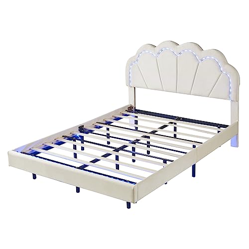 Bellemave Upholstered Platform Bed with LED Lights, Velvet Bed Frame with Flowers Headboard and Wooden Slats Support, Upholstered Smart LED Bed Frame for Adults and Kid (White, Full Size)