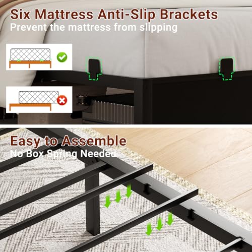 Homieasy Queen Size Bed Frame with Storage Headboard and Charging Station, Industrial Platform Metal Bed with LED lights, Steel Slat Support, No Box Spring Needed, Noise-Free, Easy Assembly, Black