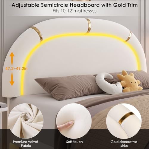 Keyluv Full Upholstered LED Bed Frame with 2 Storage Drawers and Adjustable Semicircle Headboard, Smart Platform Bed Frame with Golden Trim, Wooden Slats Support, Box Spring Optional, Velvet, Beige