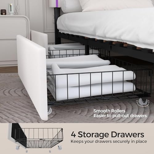 Queen Size Bed Frame with 4 Drawers and Adjustable LED Headboard, Velvet Upholstered Platform Storage Bed with Charging Station, Wooden Slats Support, No Box Spring Needed, White