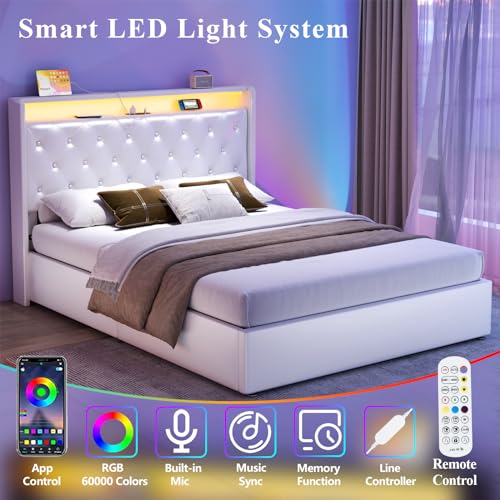 Loomie Queen Lift Up Bed Frame with Charging Station&LED Lights,Leather Upholstered Bed with Button Tufted Wingback Storage Headboard,Hydraulic Storage, No Box Spring Needed,Wood Slats Support (White)