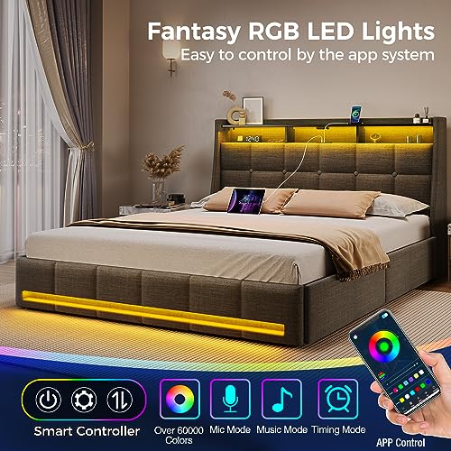 Rolanstar Full Size Bed Frame with LED Lights and Charging Station, Upholstered Bed Storage Headboard & Drawers, Heavy Duty Wood Slats, Easy Assembly