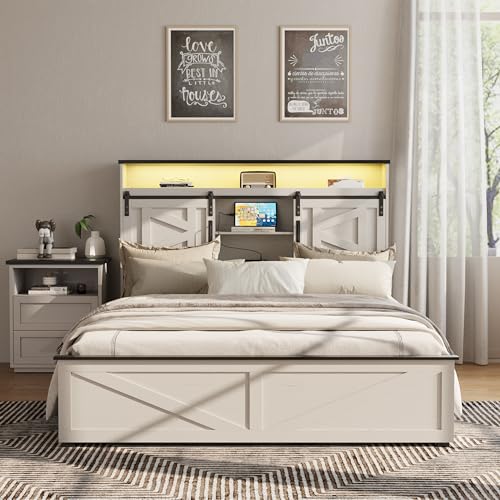 Fameill Farmhouse Queen Size Bed Frame with 4 Drawers and Bookcase Headboard, Sliding Barn Door Storage Shelves, LED Lights and Charging Station, No Box Spring Needed, Antique White