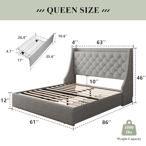 Feonase Queen Size Bed Frame with 4 Storage Drawers, Upholstered Storage Bed with Charging Station, Tufted Wingback Storage Headboard, No Box Spring Needed, Light Grey