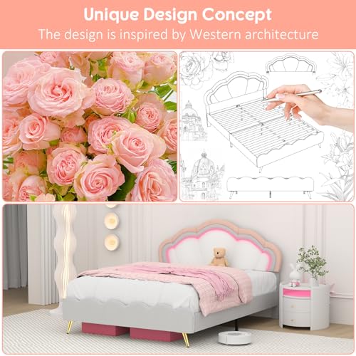 Winkalon Queen Upholstered Smart LED Bed Frame with Adjustable Headboard, Platform Bed Frame Queen Size with Wooden Slats Support, No Box Spring Needed, Easy Assembly, White Bed