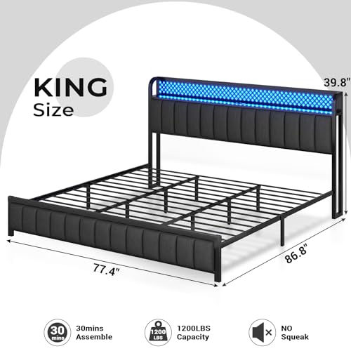 ADORNEVE King Size Bed Frame with LED Lights Headboard, Upholstered Platform Bed with Charging Station, LED Bed Frame with Storage Headboard, Upgraded 2-Row Mid-Beams, Noise-Free, Dark Grey