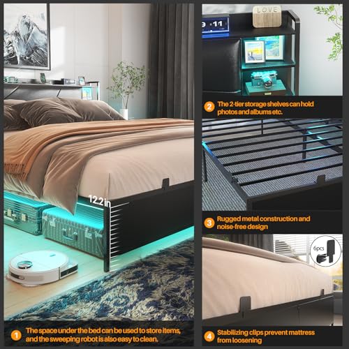 Unikito Queen Size Bed Frame with Charging Station and RGB LED Lights, Sturdy Platform Bed with Upholstered Storage Headboard, Solid Metal Slats, Noise Free, No Box Spring Needed, Easy Assembly, Black