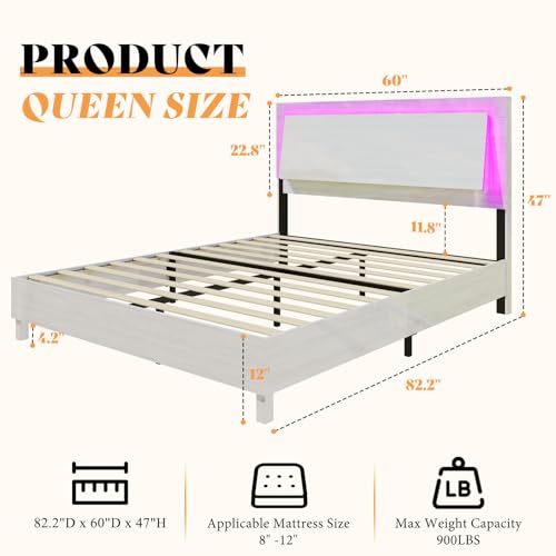 AMERLIFE Queen Size Beds Frame with Smart RGBW LED Lights, High Gloss Wooden Platform Bed Frame with Floating Ergonomic Headboard, Slats Support/Noise Free/No Box Spring Needed, White Woodgrain