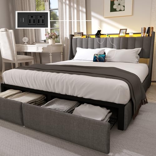Queen Size Bed Frame with Storage Headboard, Upholstered Platform Bed Frame with RGB LED Lights, 2 Drawers, Charging Station, Heavy Metal Slats Support, No Box Spring Needed, Easy Assembly, Gray