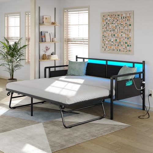Furniouse Daybed with Charging Station and LED Lights, Twin Daybed with Trundle, Metal Sofa Bed Frame with Steel Slat Support for Living Room, Bedroom, Guest Room Black