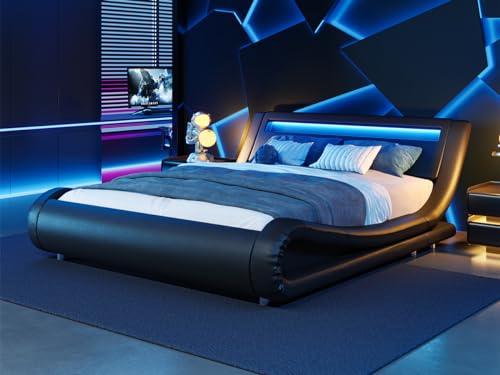 WEEWAY Modern Queen bed frame with RGBW LED Lights Headboard, Low Profile Upholstered Platform Sleigh Design, Strong Wood Slats Support, No Box Spring Needed, Black