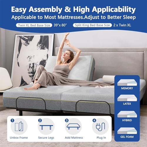 Twin XL Adjustable Bed Base with Mattress, 12 Inch Gel Memory Foam Medium-Firm Mattress in Box, Wireless Remote, Head/Foot Lift Electric Smart Bed, Updated Adjustable Bed Frame with Thickened Frame