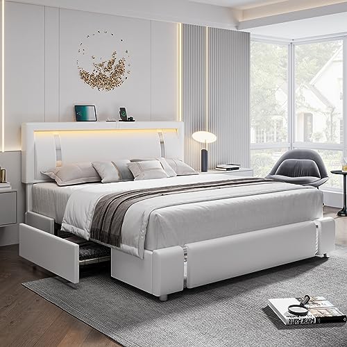 Keyluv King Size Upholstered Platform Bed Frame with RGB LED Lights, 2 Drawers, USB Charging Ports, No Box Spring Needed