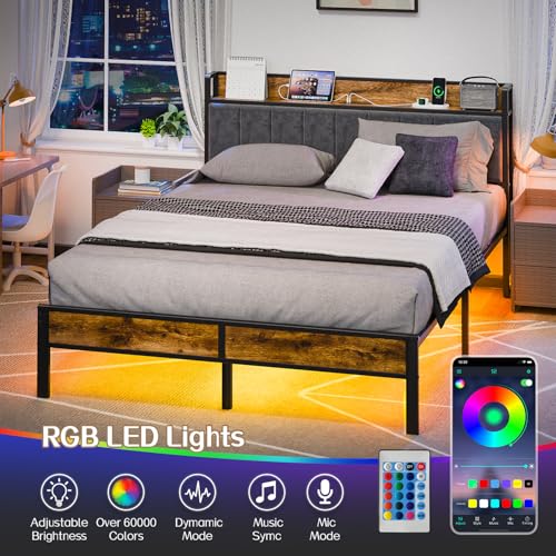 Queen Bed Frame with Headboard, Queen Size Metal Platform Bed with Smart LED Lights and USB Charging Station, Easy Assembly, No Box Spring Needed