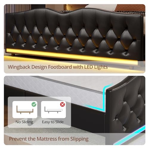 BTHFST King Size Bed Frame Tall Headboard with LED Lights & Charging Station, Upholstered Wing Headboard & Footboard, Heavy Duty Wooden Slats, No Box Spring Needed, Easy Assembly (Black, King)