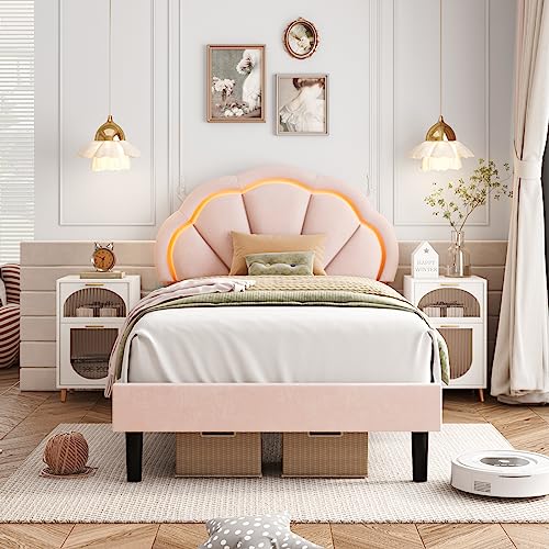 HIFIT 2 Piece Twin Upholstered LED Bed Frame with Adjustable Cute Petal Headboard, Soft Velvet Princess Platform Bed for Girls/Kids, Solid Wood Slats Support, No Box Spring Needed, Easy Assembly, Pink