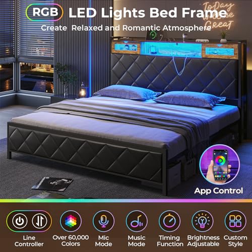 DICTAC King Size Metal Bed Frame with Headboard and Charging Station, King Platform Bed Frame with Led Lights and Storage, Heavy Duty Metal Slats, No Box Spring Needed, Noise Free, Easy Assembly,Black