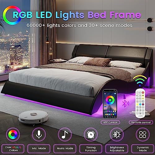DICTAC Queen Led Bed Frame Modern Faux Leather Upholstered Platform Bed Frame with RGB LED Lights and Headboard Wave Like Curve Low Profile Bed Frame,Wood Slats Support,Easy Assembly,Black