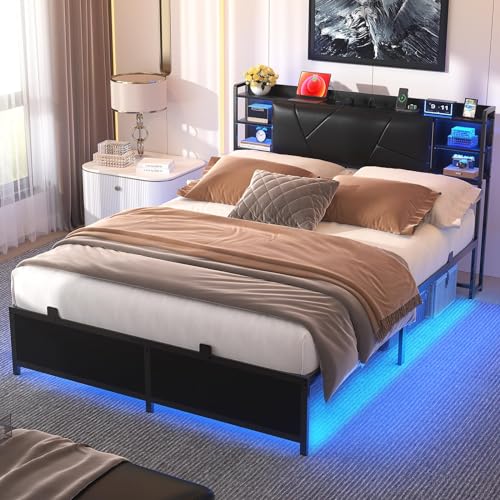 Unikito Queen Size Bed Frame with Smart LED Lights and Power Outlet, Stable Platform Bed with Upholstered Storage Headboard, Solid Metal Slats, Noise Free, No Box Spring Needed, Easy Assembly, Black