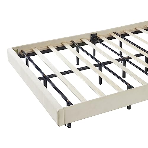 Bellemave Upholstered Platform Bed with LED Lights, Velvet Bed Frame with Flowers Headboard and Wooden Slats Support, Upholstered Smart LED Bed Frame for Adults and Kid (White, Full Size)