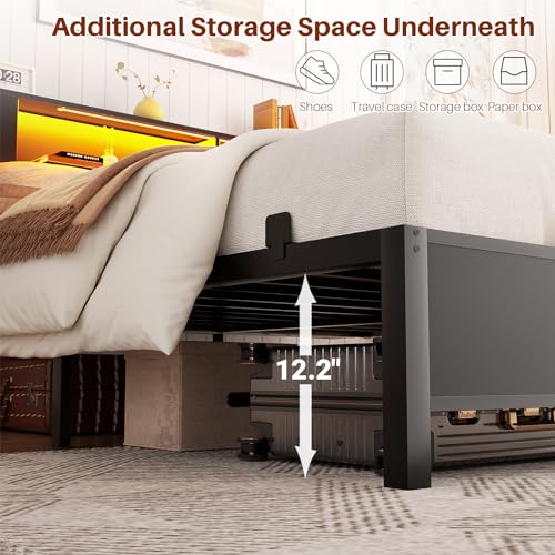Homieasy Queen Size Bed Frame with Storage Headboard and Charging Station, Industrial Platform Metal Bed with LED lights, Steel Slat Support, No Box Spring Needed, Noise-Free, Easy Assembly, Black