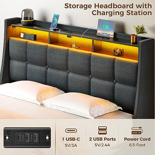 Rolanstar Full Size Bed Frame with LED Lights and Charging Station, Upholstered Bed Storage Headboard & Drawers, Heavy Duty Wood Slats, Easy Assembly