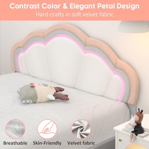 Winkalon Queen Upholstered Smart LED Bed Frame with Adjustable Headboard, Platform Bed Frame Queen Size with Wooden Slats Support, No Box Spring Needed, Easy Assembly, White Bed