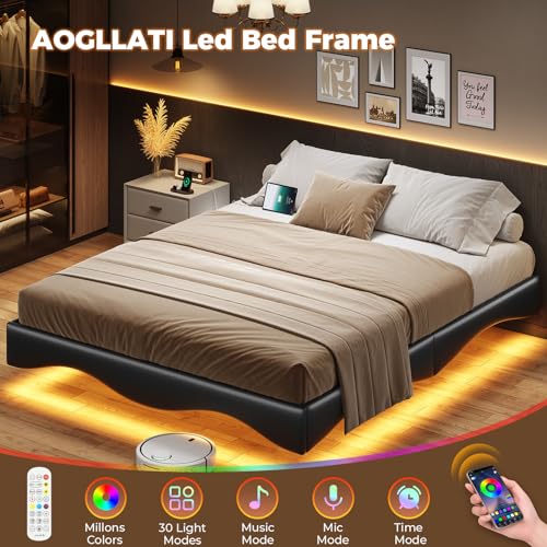 AOGLLATI Floating Bed Frame Full Size with Charging Station, Black Modern Led Platform Metal Bed Frame Full Size with Leather Wave Molding and Stable Structure,No Box Spring Needed, (Black, Full)