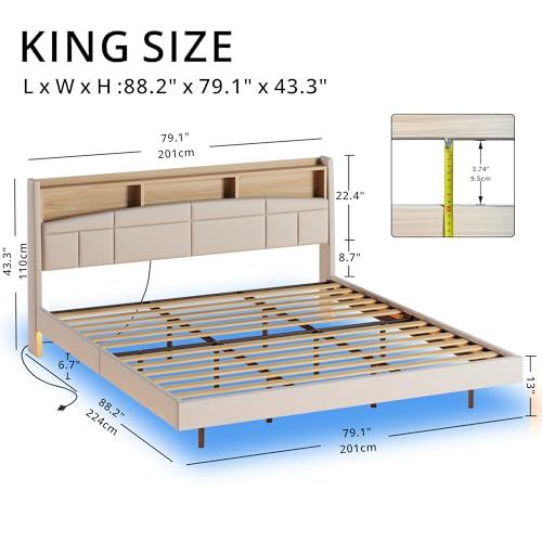 ANCTOR Floating King Bed Frame with Charging Station, Tall Bookcase Headboard, Solid Wood Slats Support, No Box Spring Needed, Easy to Assemble
