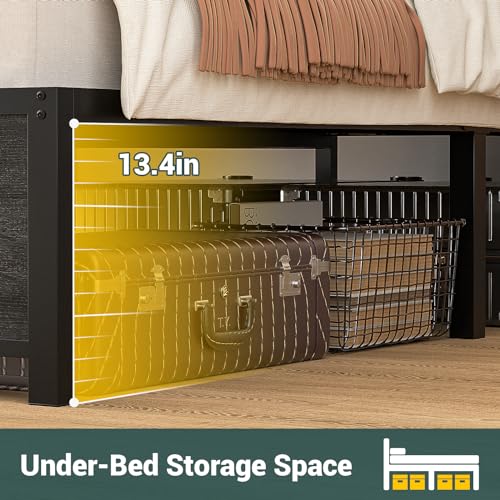 Unikito King Size Bed Frame with LED Light & Power Outlets, Platform Bed with Upholstered Headboard and Storage, Sturdy Metal Slats Support, No Box Spring Needed, Easy Assembly, Noise-Free, Black Oak