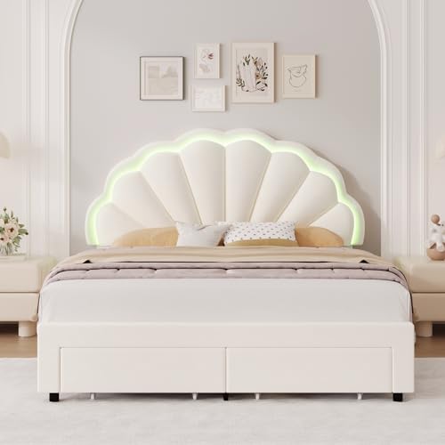 HIFIT Queen Upholstered Smart LED Bed Frame with 2 Storage Drawers & Adjustable Chic Double Petal Headboard, Velvet Princess Platform Bed with Solid Wood Slat/No Box Spring Needed/Easy Assembly, Beige