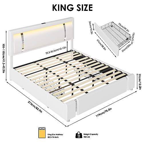 Keyluv King Size Upholstered Platform Bed Frame with RGB LED Lights, 2 Drawers, USB Charging Ports, No Box Spring Needed