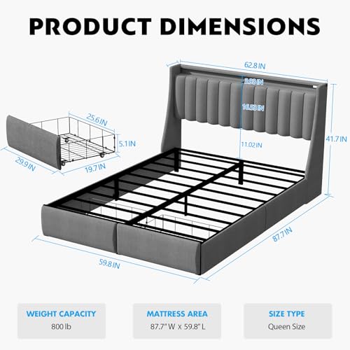 Queen Size Bed Frame with Storage Headboard, Upholstered Platform Bed Frame with RGB LED Lights, 2 Drawers, Charging Station, Heavy Metal Slats Support, No Box Spring Needed, Easy Assembly, Gray