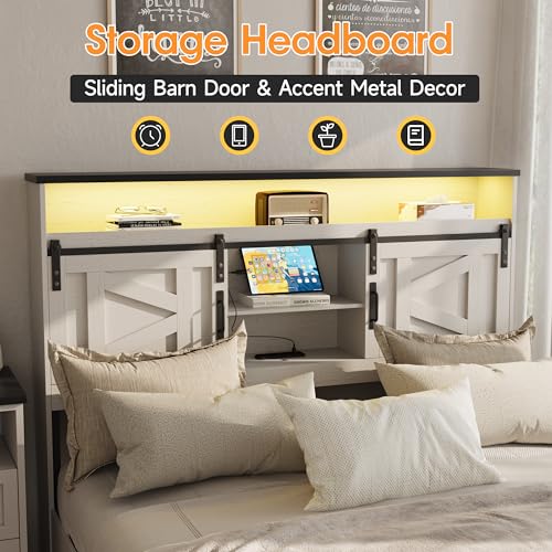 Fameill Farmhouse Queen Size Bed Frame with 4 Drawers and Bookcase Headboard, Sliding Barn Door Storage Shelves, LED Lights and Charging Station, No Box Spring Needed, Antique White