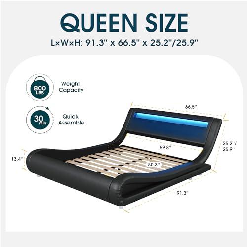 WEEWAY Modern Queen bed frame with RGBW LED Lights Headboard, Low Profile Upholstered Platform Sleigh Design, Strong Wood Slats Support, No Box Spring Needed, Black