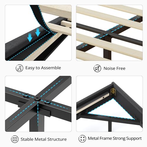BTHFST King Floating Bed Frame with LED Light, Upholstered Headboard with Storage Headboard & Charging Station, King Platform Bed Frame (Dark Grey, King)