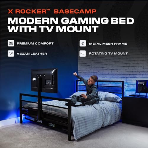 X Rocker Basecamp Full Size Gaming Bed, Rotating TV Mount with Vented Console Storage, Metal Mesh Frame with Slats, Amazon Exclusive, Black