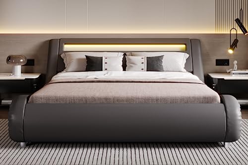 SHA CERLIN LED Queen Bed Frame with Adjustable Headboard - Low Profile Sleigh Design, Strong Wood Slats Support and Mattress Foundation, No Box Spring Needed, Grey