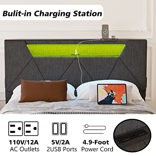 ANCTOR Full Bed Frame with Storage Headboard and Charging Station, LED Lights Upholstered Platform Bed, Heavy Duty Steel Support Legs, Easy Assembly, Noise Free, Grey