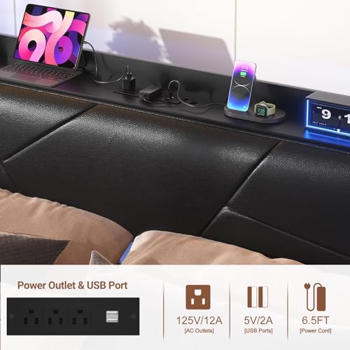 Unikito Queen Size Bed Frame with Smart LED Lights and Power Outlet, Stable Platform Bed with Upholstered Storage Headboard, Solid Metal Slats, Noise Free, No Box Spring Needed, Easy Assembly, Black